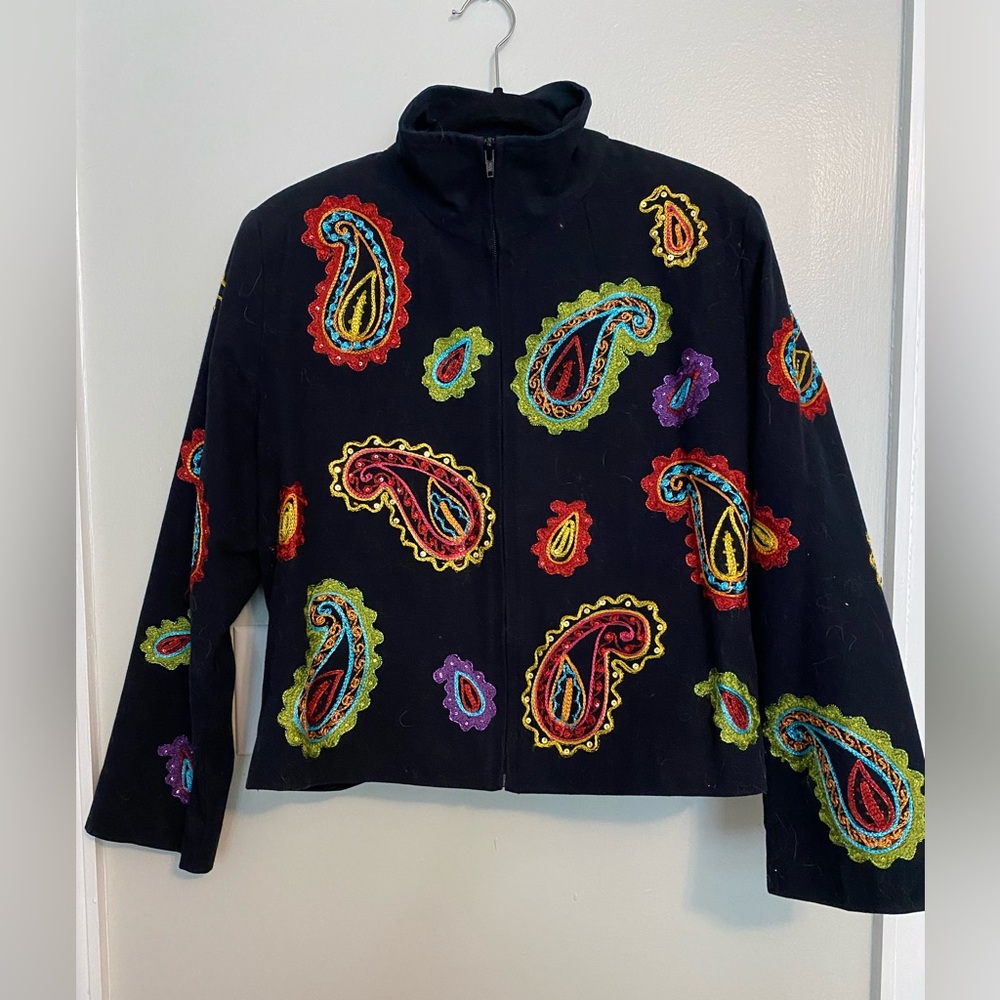 Anage Black Bomber Jacket with Multicolor Paisley Embroidery